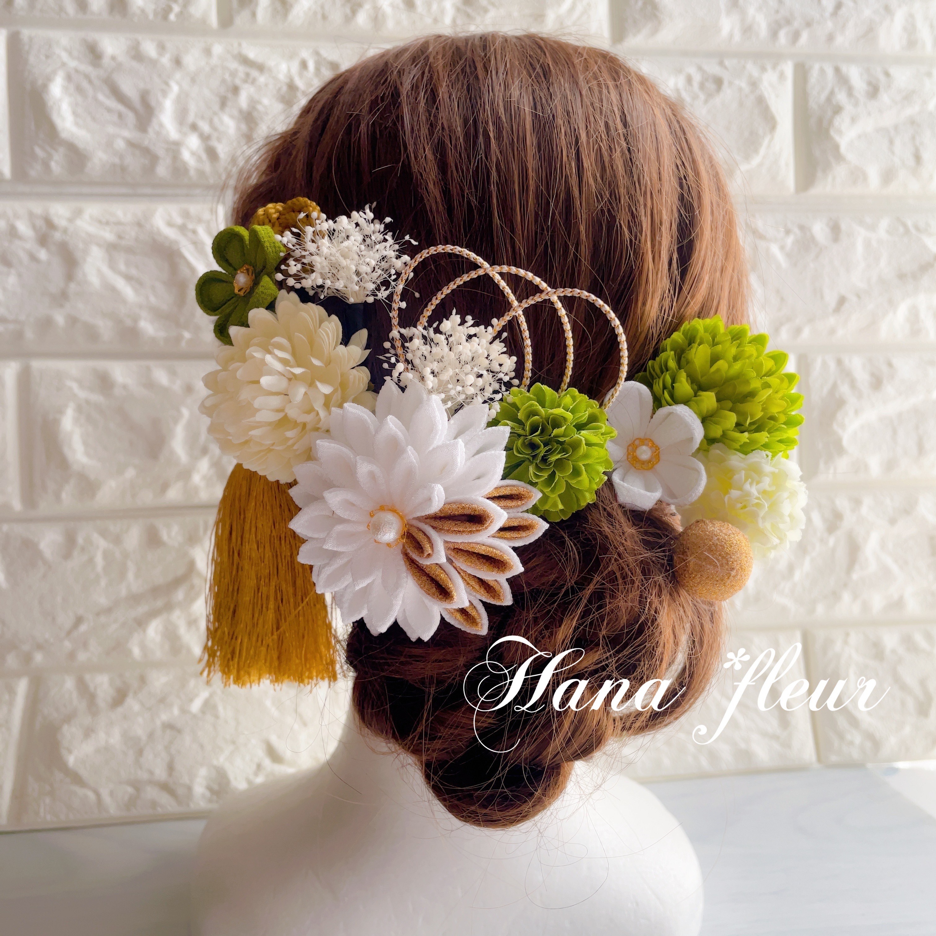 白＊金＊グリーン ダリア*マム つまみ細工 髪飾り  成人式