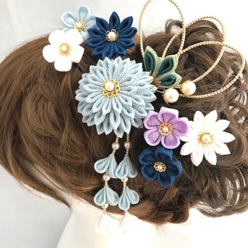 藍白＊青紺＊白❁着物・和装 髪飾り【つまみ細工/ちりめん】結婚式