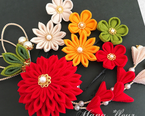 赤＊アイボリー＊山吹色＊うぐいす色❁着物・振袖 髪飾り【つまみ細工