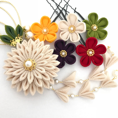 つまみ細工 簪セットももいろ 平打かんざし付 成人式 着物 振袖 コーム