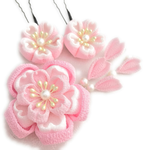 ❀さくら つまみ細工髪飾り ピンク＊白❁クリップ【つまみ細工