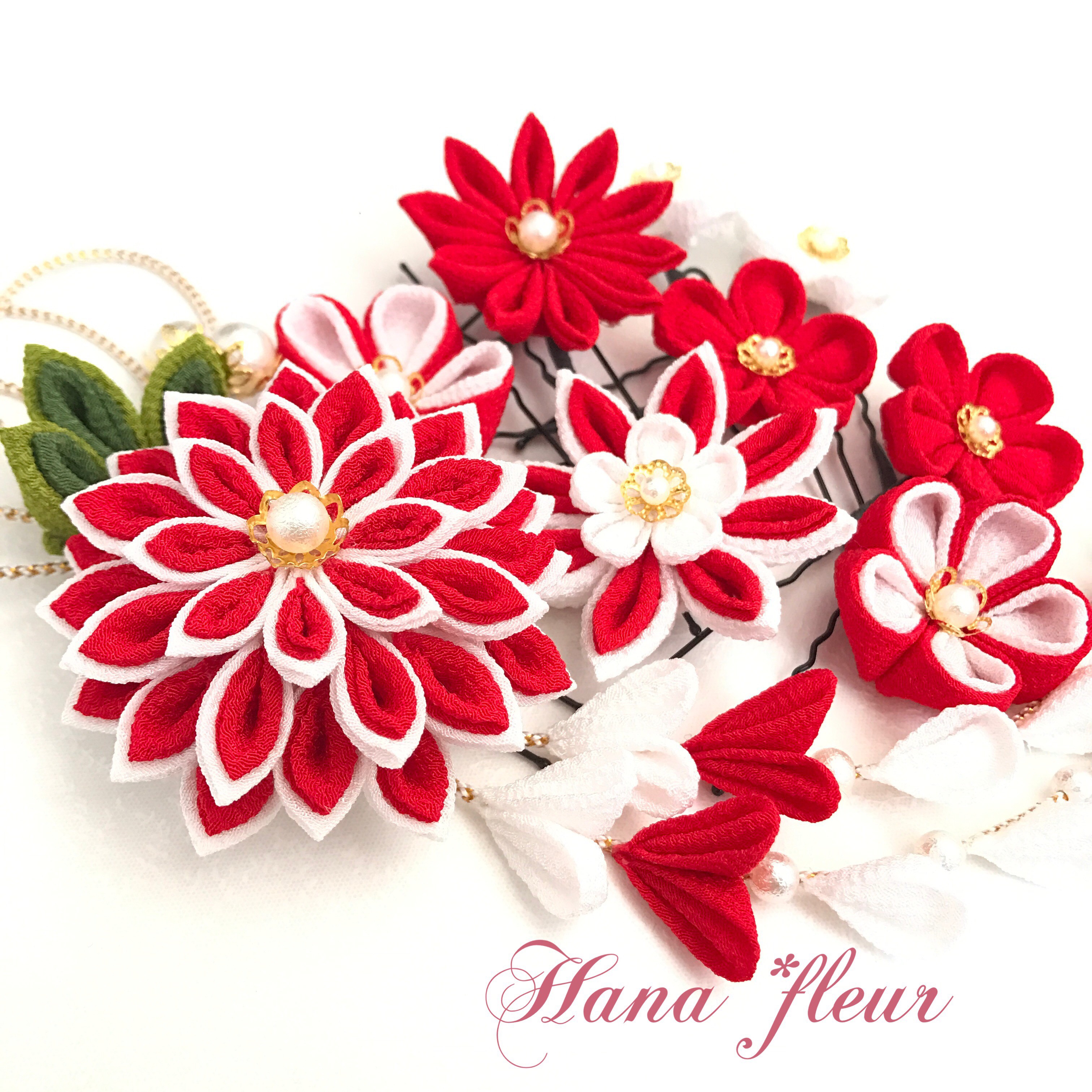 あか＊しろ❁着物・振袖 髪飾り【つまみ細工】結婚式・成人式