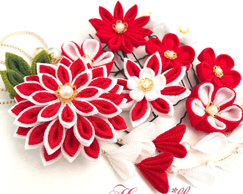 あか＊しろ❁着物・振袖 髪飾り【つまみ細工】結婚式・成人式・卒業式