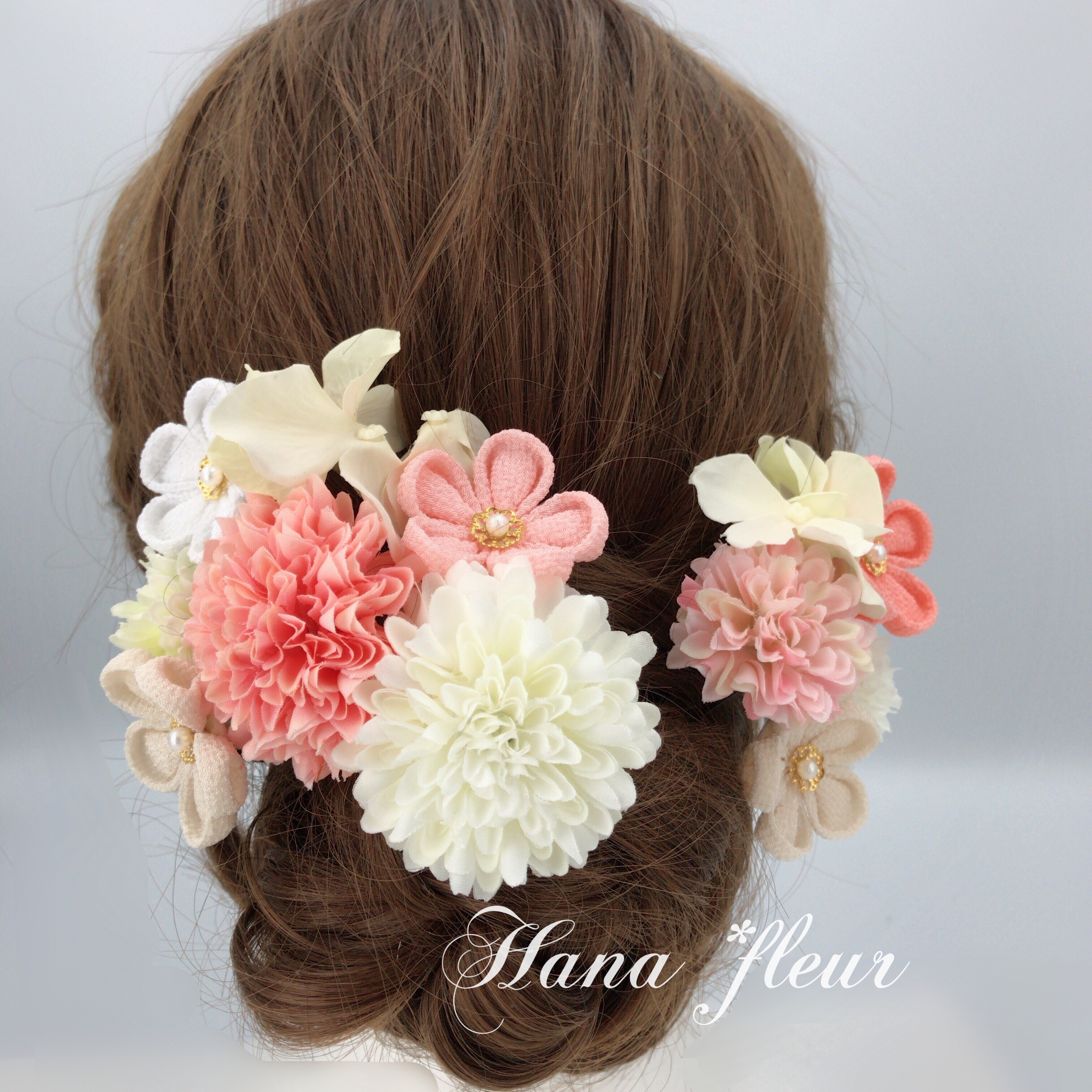 ❁ つまみ細工小花＆ピンポンマム❁﻿振袖髪飾り ピンク＊白＊生成