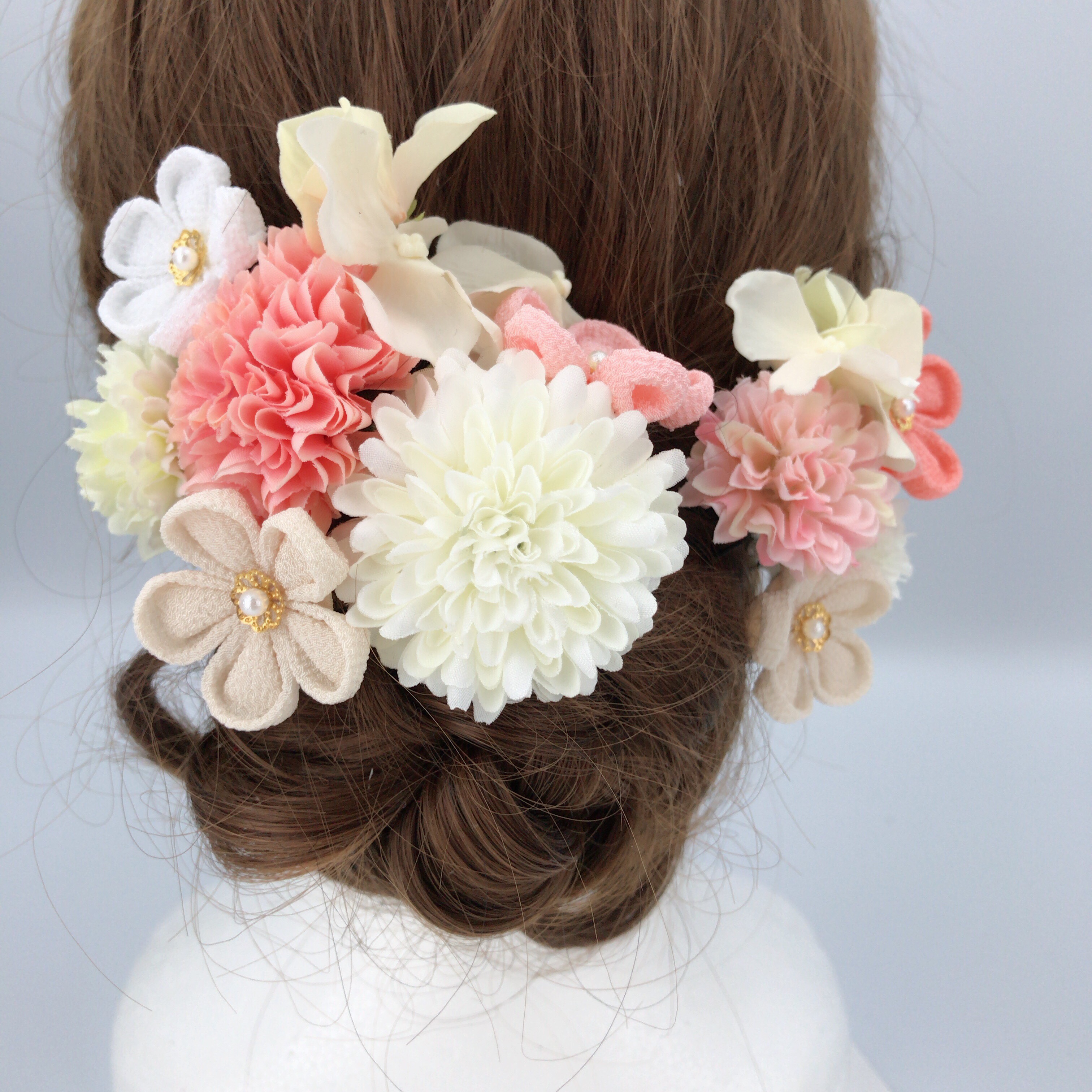 ❁ つまみ細工小花＆ピンポンマム❁﻿振袖髪飾り ピンク＊白＊生成