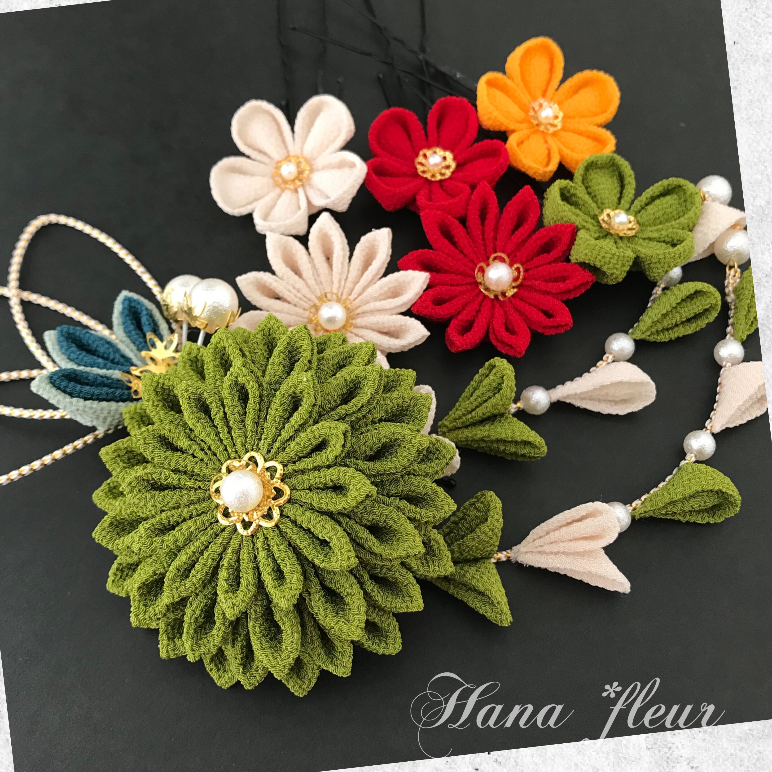 うぐいす＊生成＊えんじ❁振袖ダリア髪飾り【つまみ細工】結婚式・成人式・卒業式