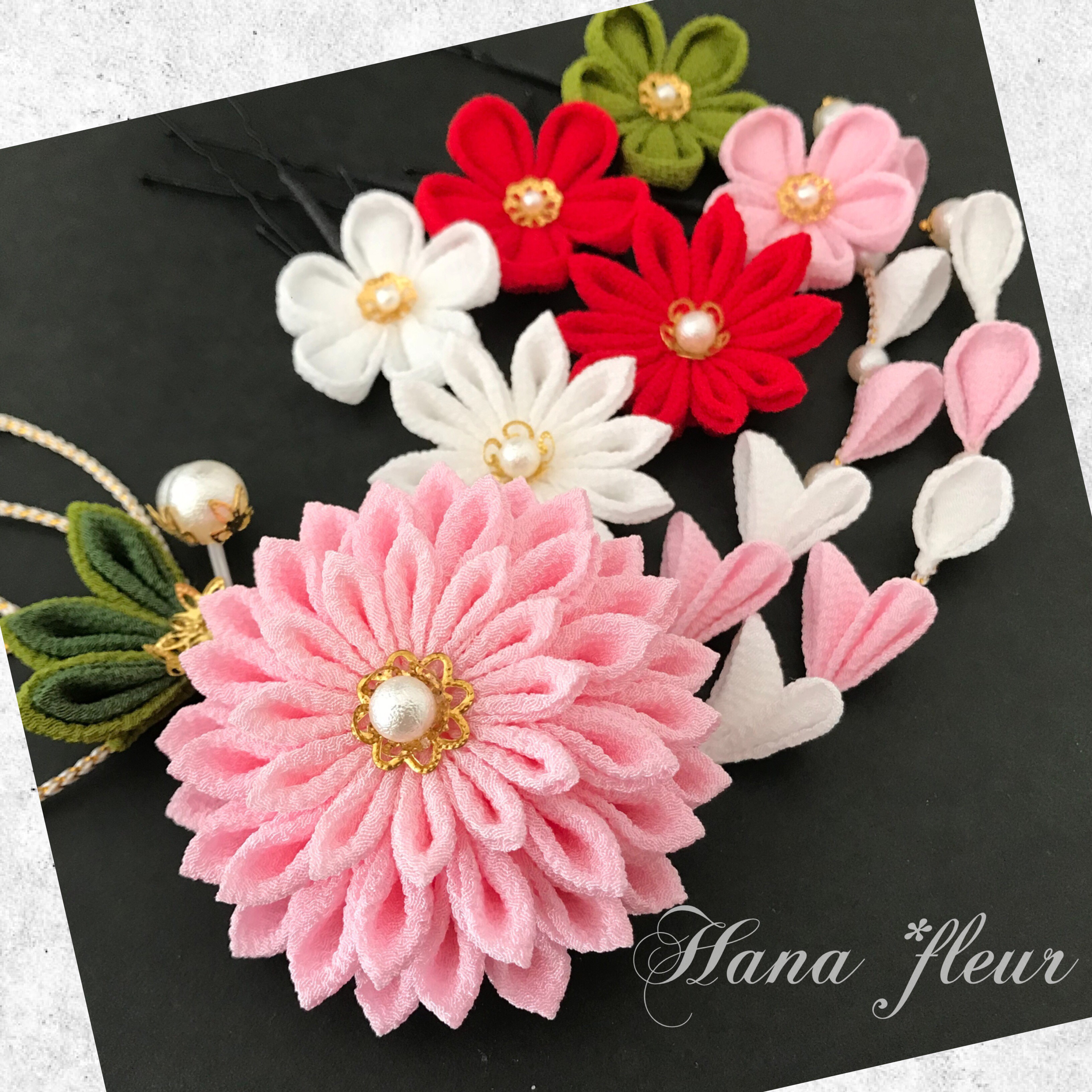 さくら＊白＊赤❁振袖ダリア髪飾り【つまみ細工】結婚式・成人式・卒業式