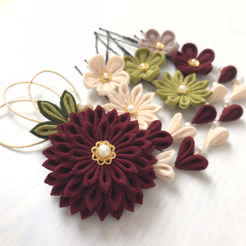 つまみ細工　髪飾り　ボルドー つまみ細工》ボルドーカラーの髪飾りセット 七五三 成人式 結婚