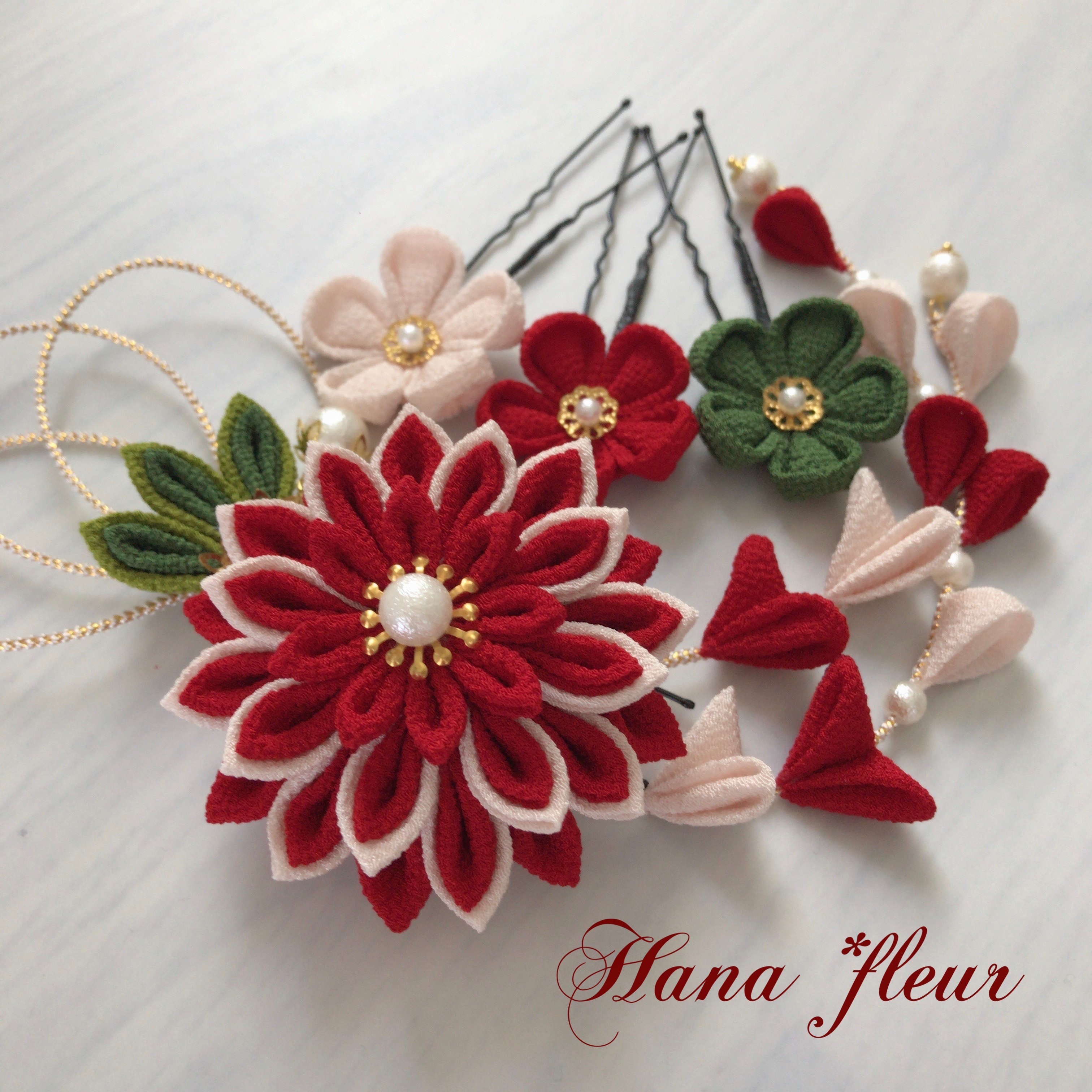 えんじ＊生成＊抹茶❁振袖ダリア髪飾り【和 つまみ細工】結婚式・成人式・卒業式