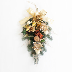 「早割」「送料無料」クリスマススワッグリース ゴールド系 アーティフィシャルフラワー（造花） 2枚目の画像
