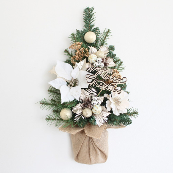残り１個です。壁に掛けるクリスマスツリー「送料無料」リースタイプのクリスマスツリー ホワイト＆シャンパンゴールド系 2枚目の画像