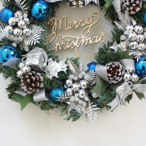 1点限り「送料無料」クリスマスリース ブルー＆シルバー系 直径約