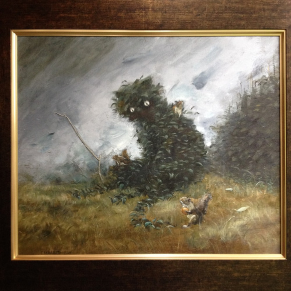 油絵F8号 葉っぱ猫と豊かな森 1枚目の画像