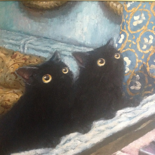 【hanako】猫　油絵104 猫 絵画 招き猫 油絵 高橋伸子 「まねきねこまねこ」 額付き