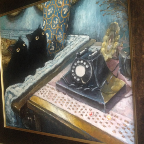 即購入OK】黒猫幻想的な絵画（F6号油絵:額縁がなくても飾れます）