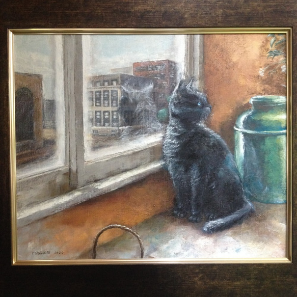 油絵F8号 窓辺の黒猫 1枚目の画像
