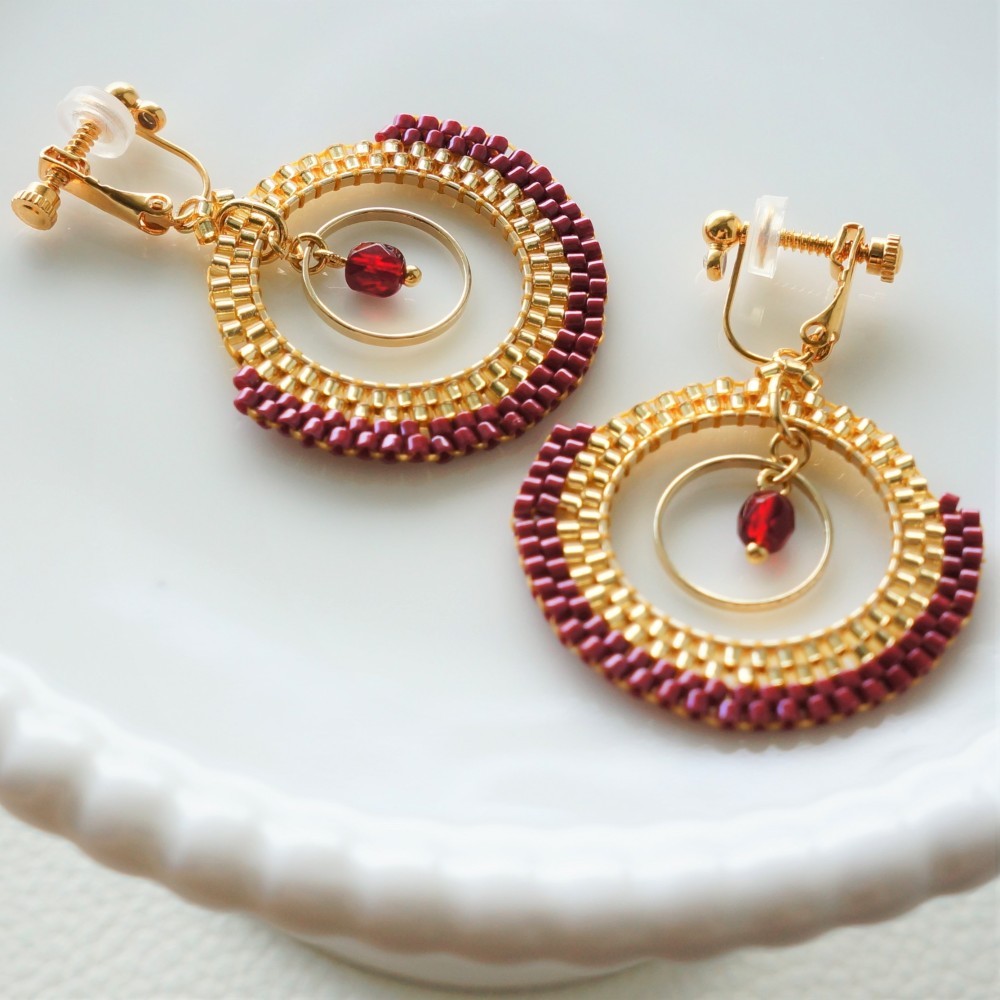 【特集掲載】ボルドー×ゴールド　 モダン　フープイヤリング/ピアス