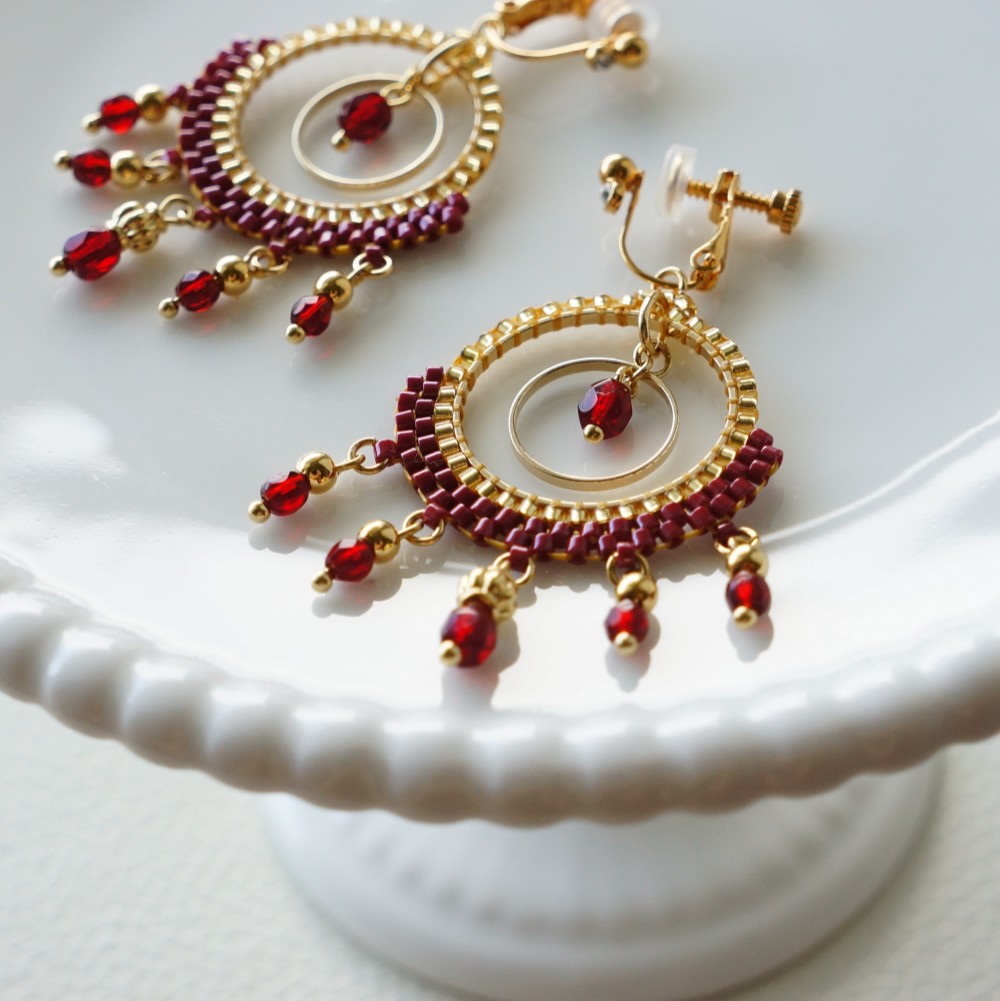 ボルドー×ゴールド　エスニック　フープイヤリング/ピアス