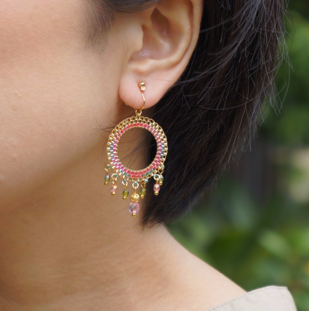オリーブ×ピンク　エスニック　フープイヤリング/ピアス