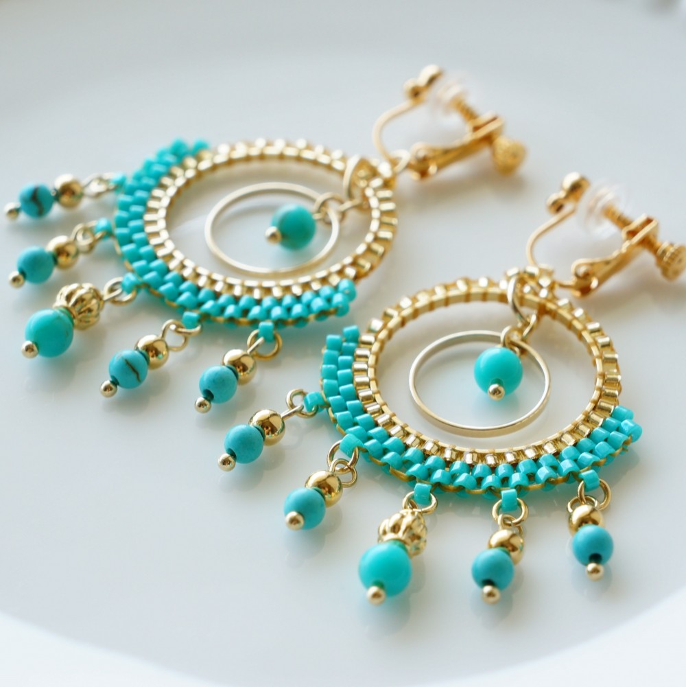 【特集掲載】ターコイズ×ゴールド エスニック フープイヤリング/ピアス
