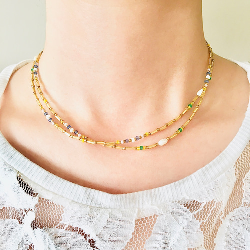 3way 竹ビーズ/淡水パール マスクホルダーネックレス（ゴールドカラー