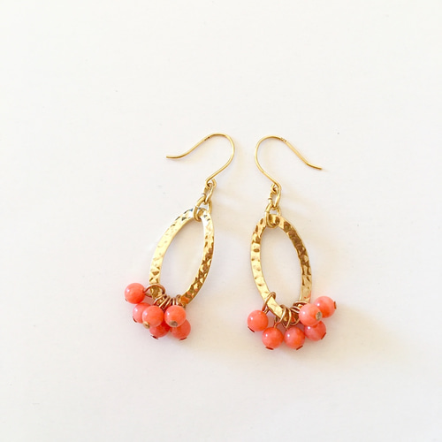 K18】オレンジ色サンゴピアス ピアス（フック・チェーン