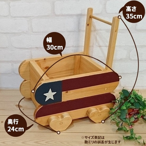 未使用　木製星条旗柄ブレッドボックス/アメリカンカントリー雑貨 受注製作 オーダー可能 押し車型 星条旗柄のフラワーボックス 木