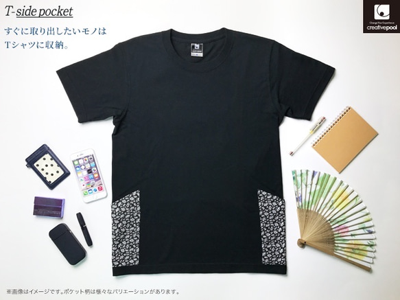 数量限定ハンドメイド2019 《送料無料》サイドポケット〜Lサイズ　Tシャツ　ブラックxユーズドデニム 2枚目の画像