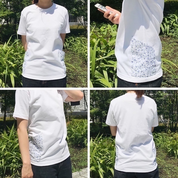 数量限定ハンドメイド2019 《送料無料》サイドポケット〜XSサイズ　Tシャツ　ホワイトx花柄 5枚目の画像