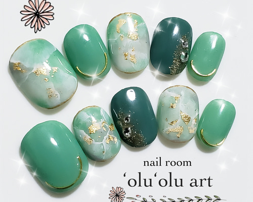 150】ネイルチップ【大理石のライトグリーンネイル】 ネイルチップ