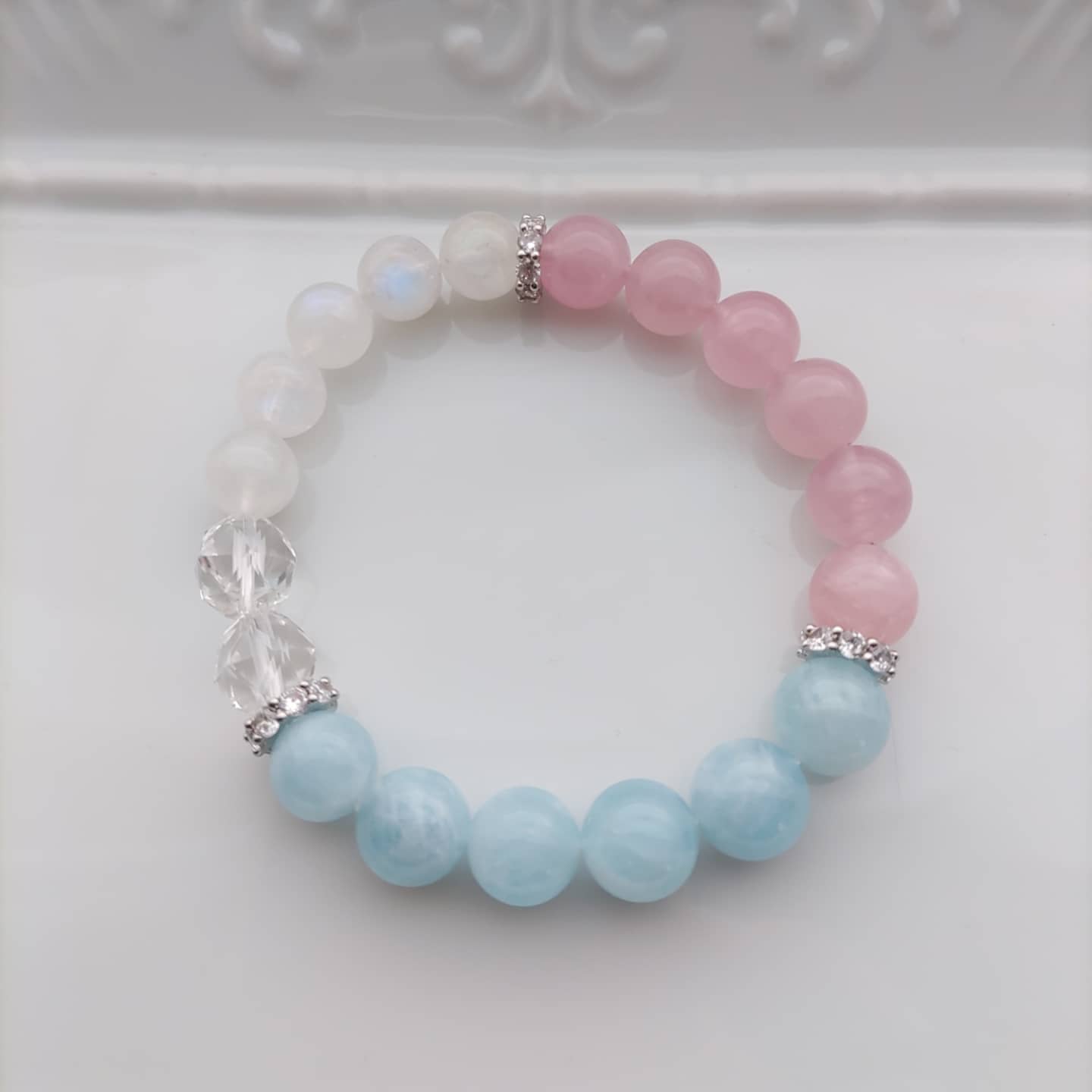 天然石 ディープローズクォーツ･アクアマリン･レインボームーンストーンのブレスレット 12,500円