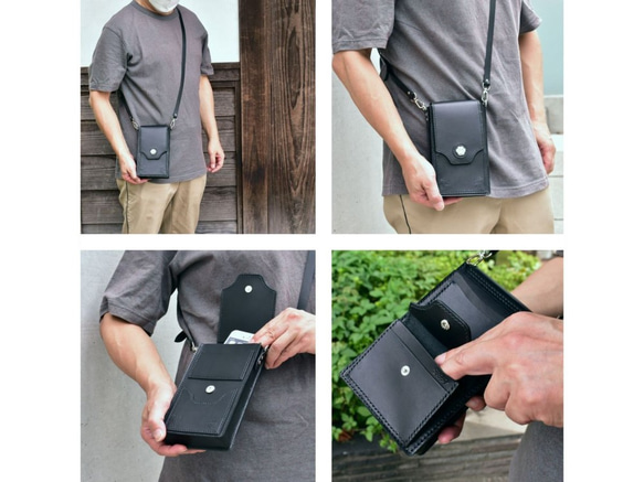 《特集掲載》黒猫スマホウォレット【縦型ポシェット・肩紐長さ調整可・ハンド紐別売】ねこ好きさんに！※袋ラッピング無料 5枚目の画像