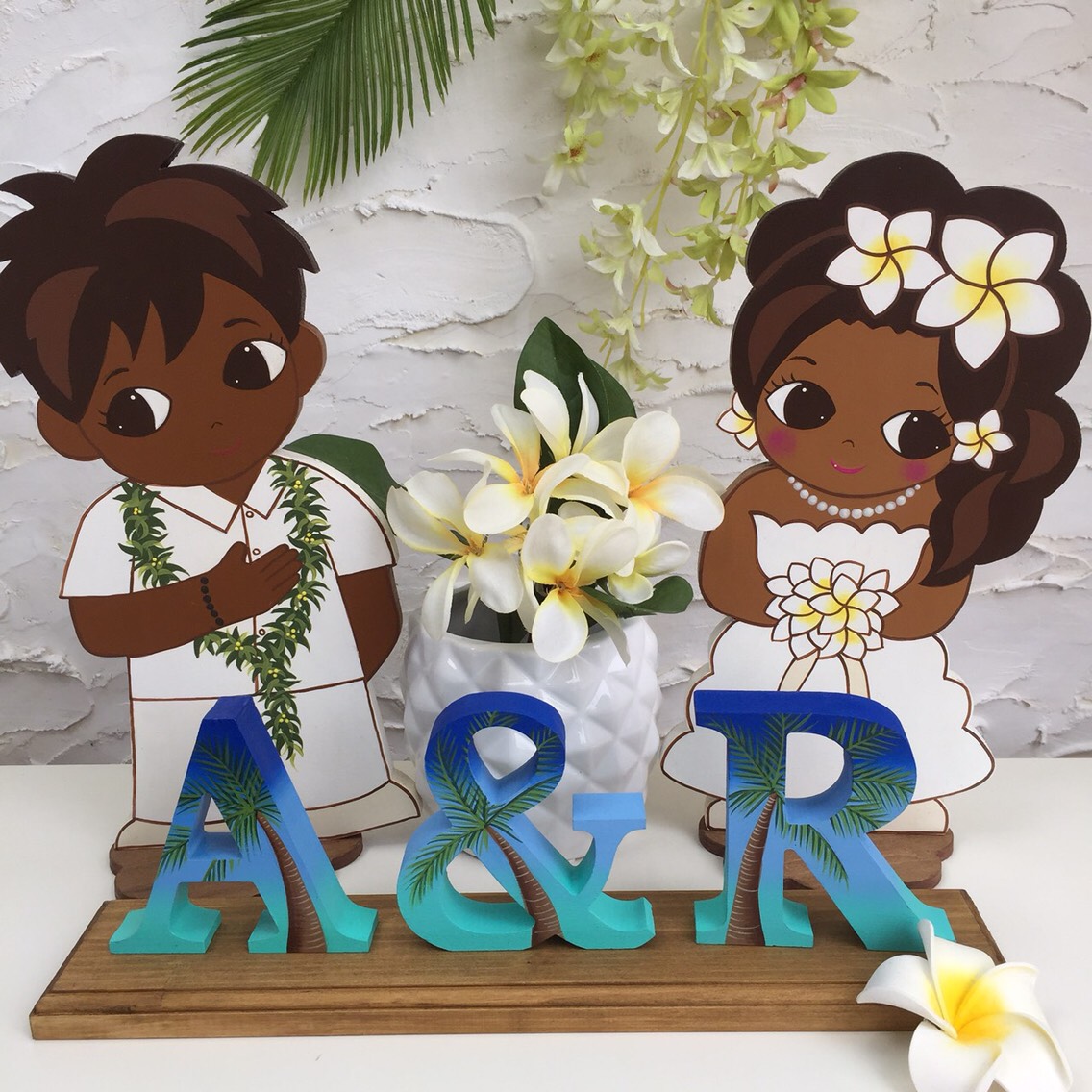 ウエルカムドール&イニシャルオブジェ3文字【木製土台付き】【結婚式】【ウェディング】【ハワイアン インテリア】
