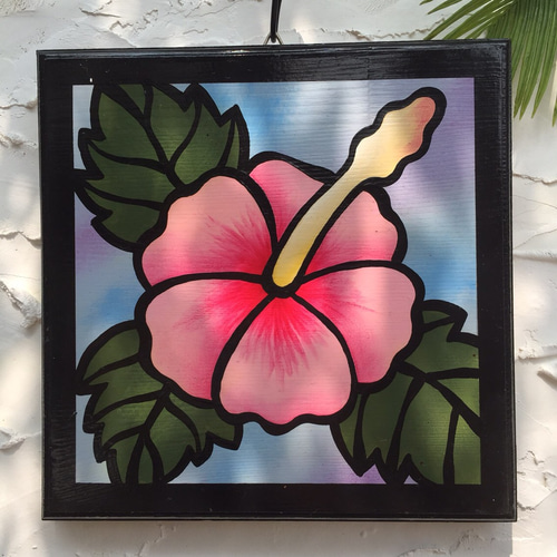 ステンドグラス風 木製壁掛け【ハイビスカス】【アロハ