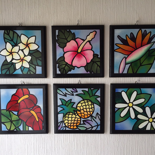 ステンドグラス風 木製壁掛け【ハイビスカス】【アロハ