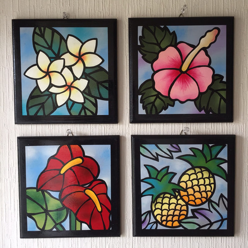 オリジナルハンダステンドグラス工芸『ハワイアンフラワー』大 ステンドグラス風 木製壁掛け【トーチジンジャー】【アロハ