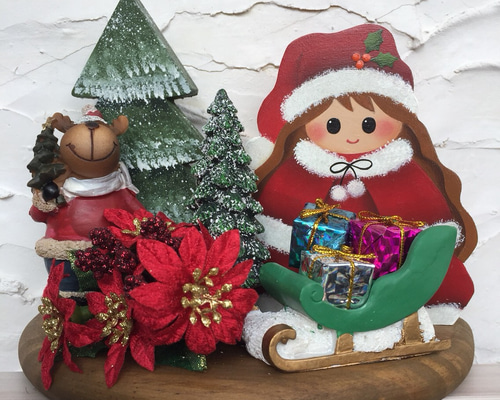 サンタクロースのソリ 置物 陶器製 クリスマス デコレーション