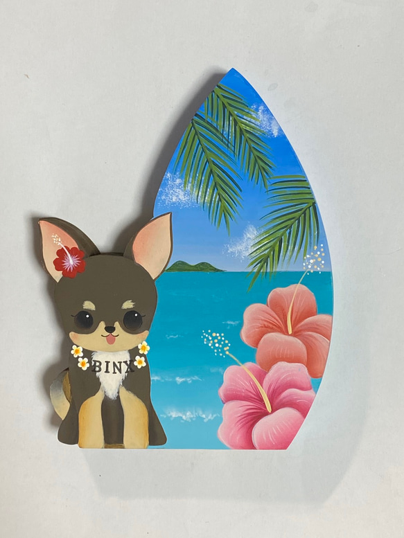 【新作】ワンちゃん達もバカンス【〜夏のハワイの海でサーフィン♪〜犬 愛犬】【うちの子】【ハワイアン インテリア】 9枚目の画像