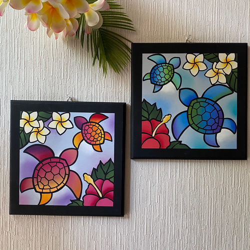 新作】ハワイアン ステンドグラス風 木製壁掛け【ホヌ】【サンセット