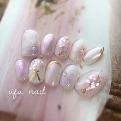 ラベンダーピンクのシェルフラワーネイル♡ ネイルチップ（つけ爪  