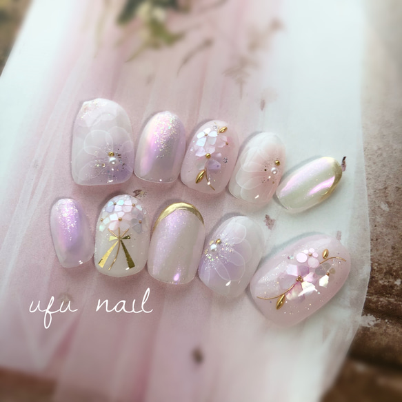 ラベンダーピンクのシェルフラワーネイル♡ ネイルチップ（つけ爪  