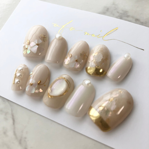 ネイルチップ ワンホン フラワー パール くすみピンク ベージュ パールフラワー ネイルチップ - apu_nail