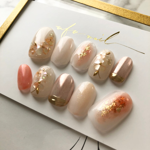 オレンジシェルフラワー＆クリアニュアンスネイル♡ ネイルチップ  