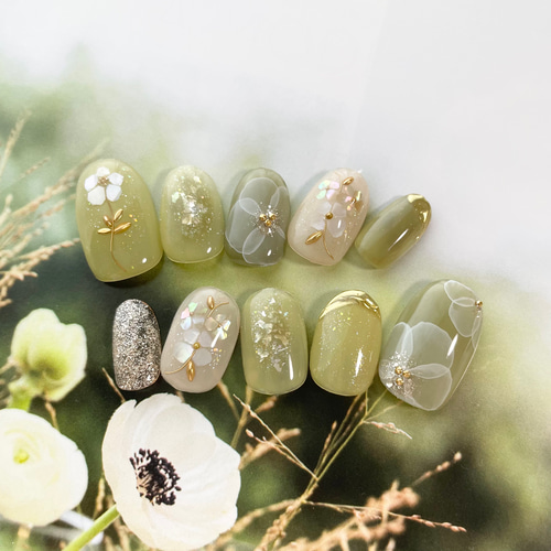 シャインマスカット＆水彩アネモネフラワーネイル♡ ネイルチップ