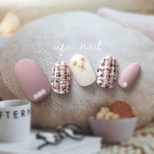 チョコレートツイードのクマさんネイル♡マット／冬の新作／シェル