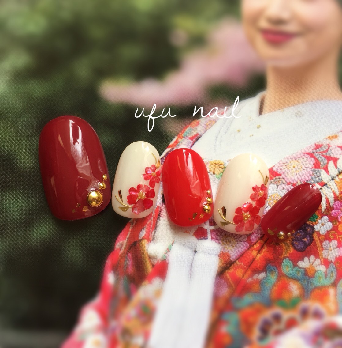 【再販】紅色シェルの和モダンネイル♡椿／和装／成人式／赤／振袖／打掛／ブライダル／お祝い