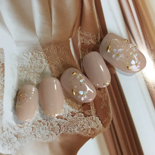 サイズオーダー　ネイルチップ　フラワーネイル　マグネット　ベージュ　キラキラ サイズオーダー ネイルチップ フラワーネイル マグネット