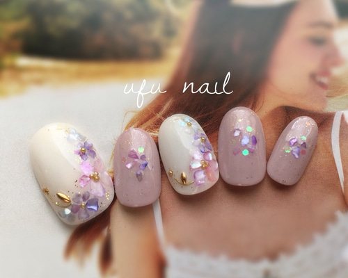 パーティー仕様♪ラベンダーカラーのシェルフラワーネイル♡ブライダル