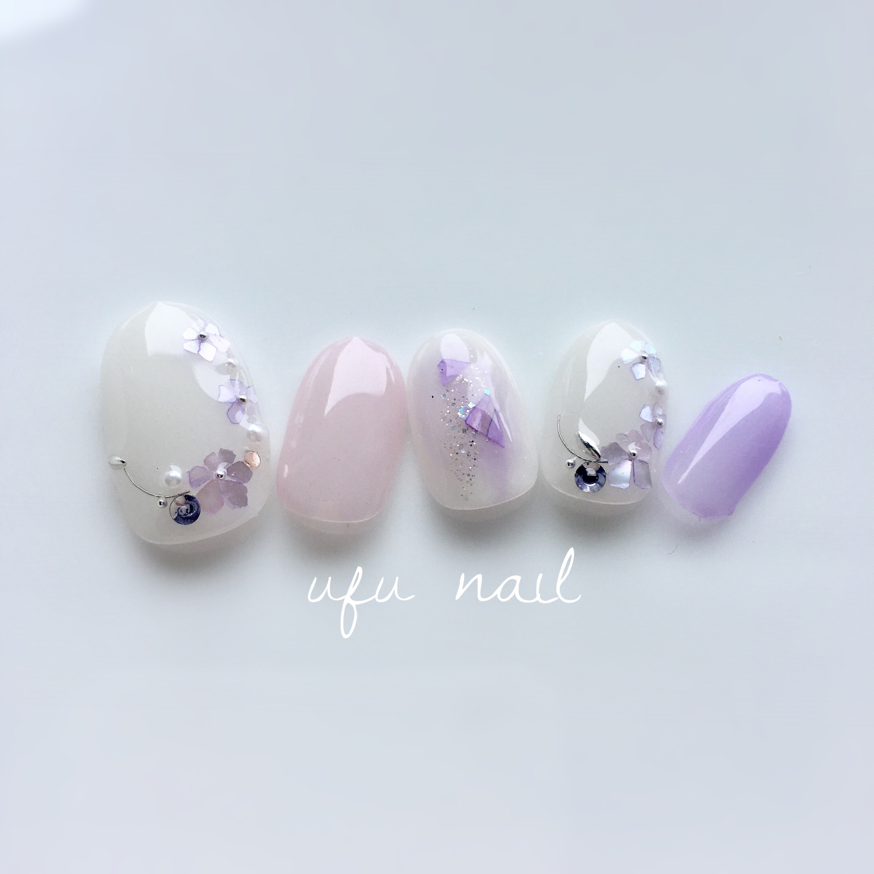 ラベンダーカラーのシェルフラワー×ニュアンスネイル♡ブライダル／スワロ／上品／お呼ばれ／浴衣／着物