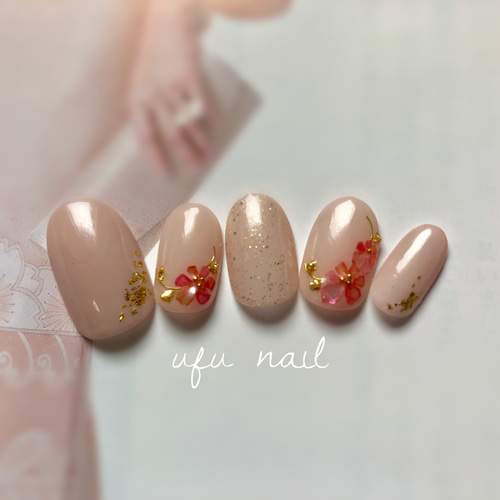 ヌードピンク×朱色のシェルフラワーネイル♡着物ネイル／成人式ネイル  